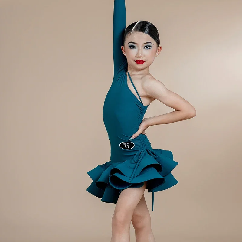 

Girls Single Sleeved One Piece Drawstring Double Layer Swing Skirts Suit Kids Latin Costumes Latin Dance Dress