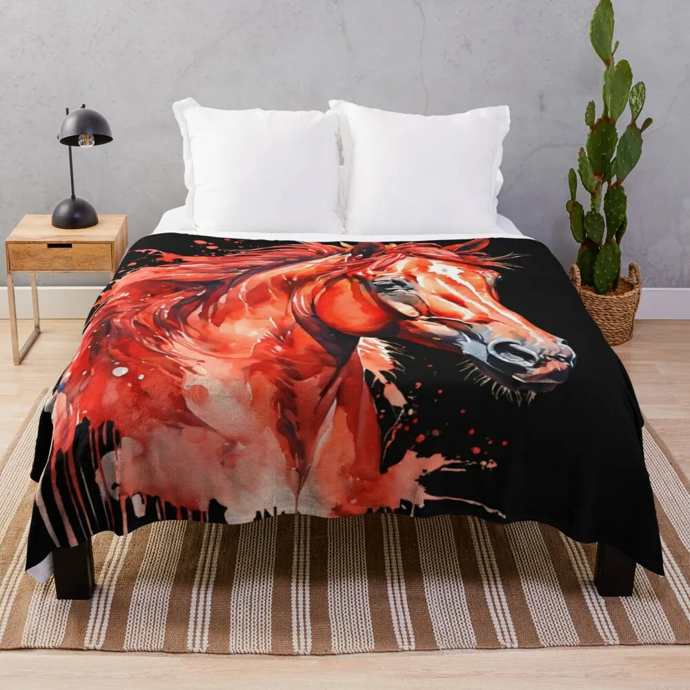 Watercolor Red horse Throw Blanket Heavy Quilt Blankets