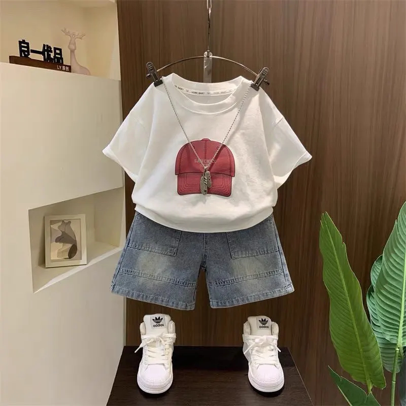 

Boys' Summer Fashion 2-Piece Set Thin Short-Sleeved T-Shirt And Denim Shorts Combo for Kids 90-150cm