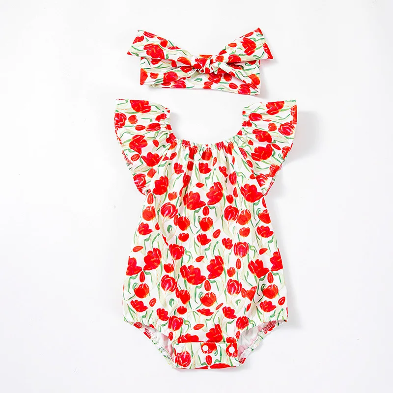 Baby Girls Rompers Floral Print Elastic Collar Fly Sleeve Infant Bodysuits Jumpsuits with Headband