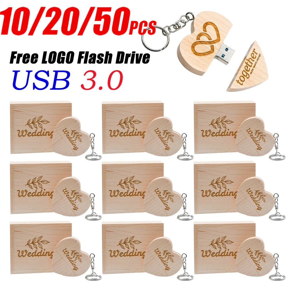10/20/50PCS USB 3.0 Wooden Heart USB+BOX Flash Drive Pendrive 16GB 8GB Memory Stick Photography Wedding Gifts Free Custom Logo