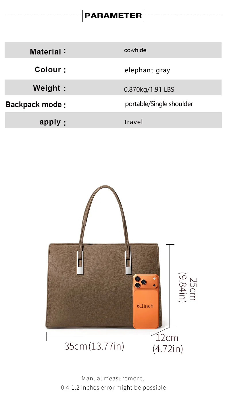 Multi-Pocket-Tasche aus Rindsleder mit großem Fassungsvermögen, minimalistische Damen-Umhängetasche mit Litschi-Textur für Büro, Arbeit, Reisen – Detail 3