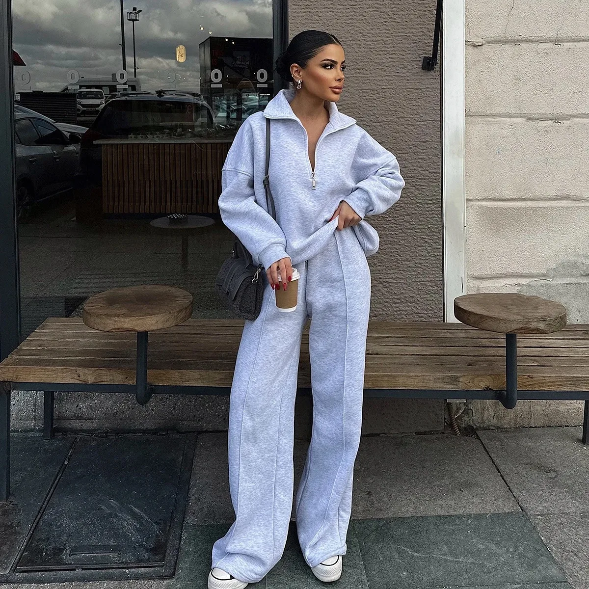 

Women's Sports Set Retro O-neck Zipper Baseball Jacket High Waist Loose Trousers Set 2025 Spring Fashion Women's Sportswear