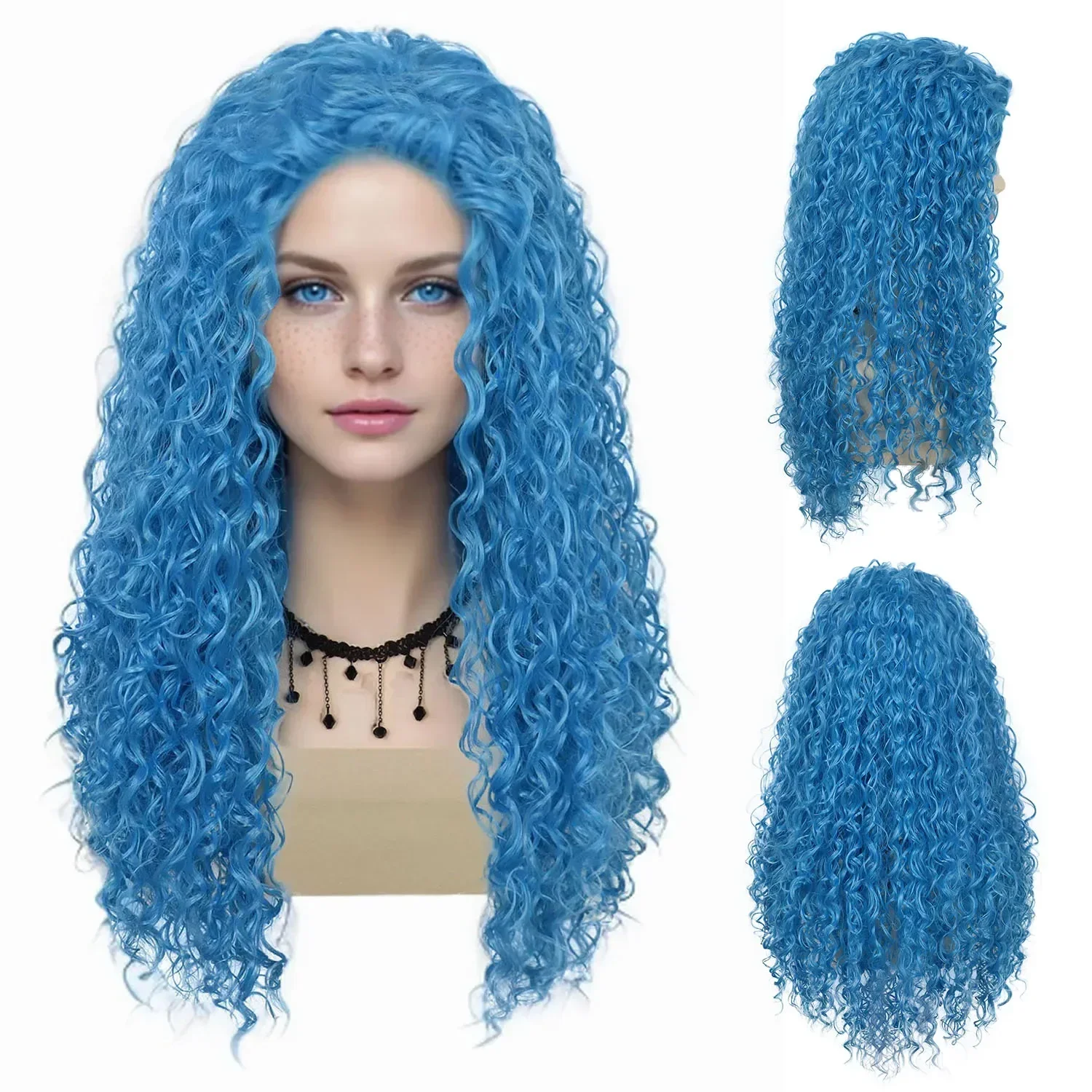 Synthetic Long Blue Costume Wigs for Women Girls Kids Halloween Wigs Curly Hair Wavy Descend Cosplay Anime Movie Musicals Wig