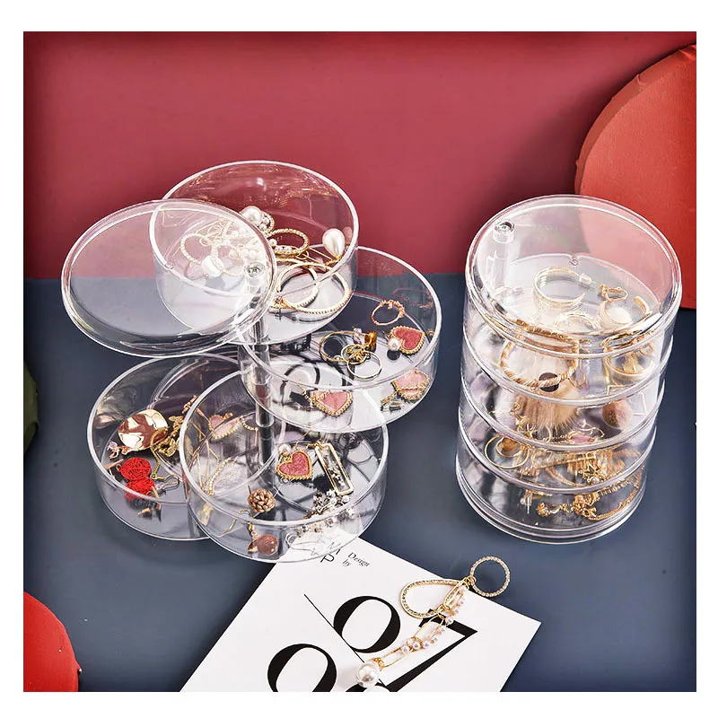 Multifunctional Transparent Rotating Jewelry Storage Box Earrings Hand Necklace Dustproof Small Objects Four-layer Round Box