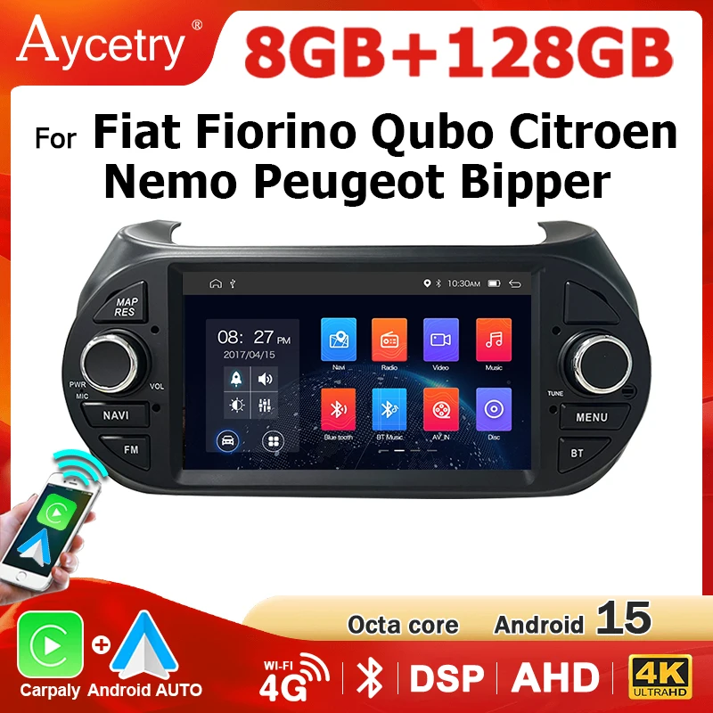Autoradio Android 15 avec écran 7 pouces, Carplay, Bluetooth, pour Fiat Fiorino, Citroën Nemo, Peugeot Bipper 2015-2019, lecteur multimédia