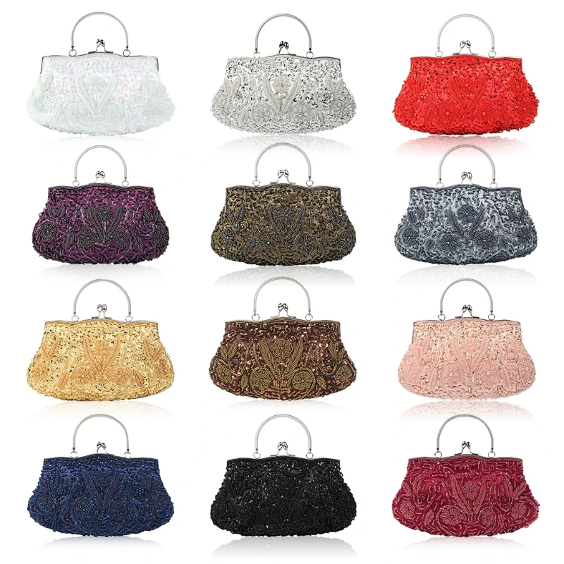 

Women Vintage Beaded equin Flower Evening Large Clutch Bag with Handle Wedding Cocktail Party Embroidered Bridal Handbag