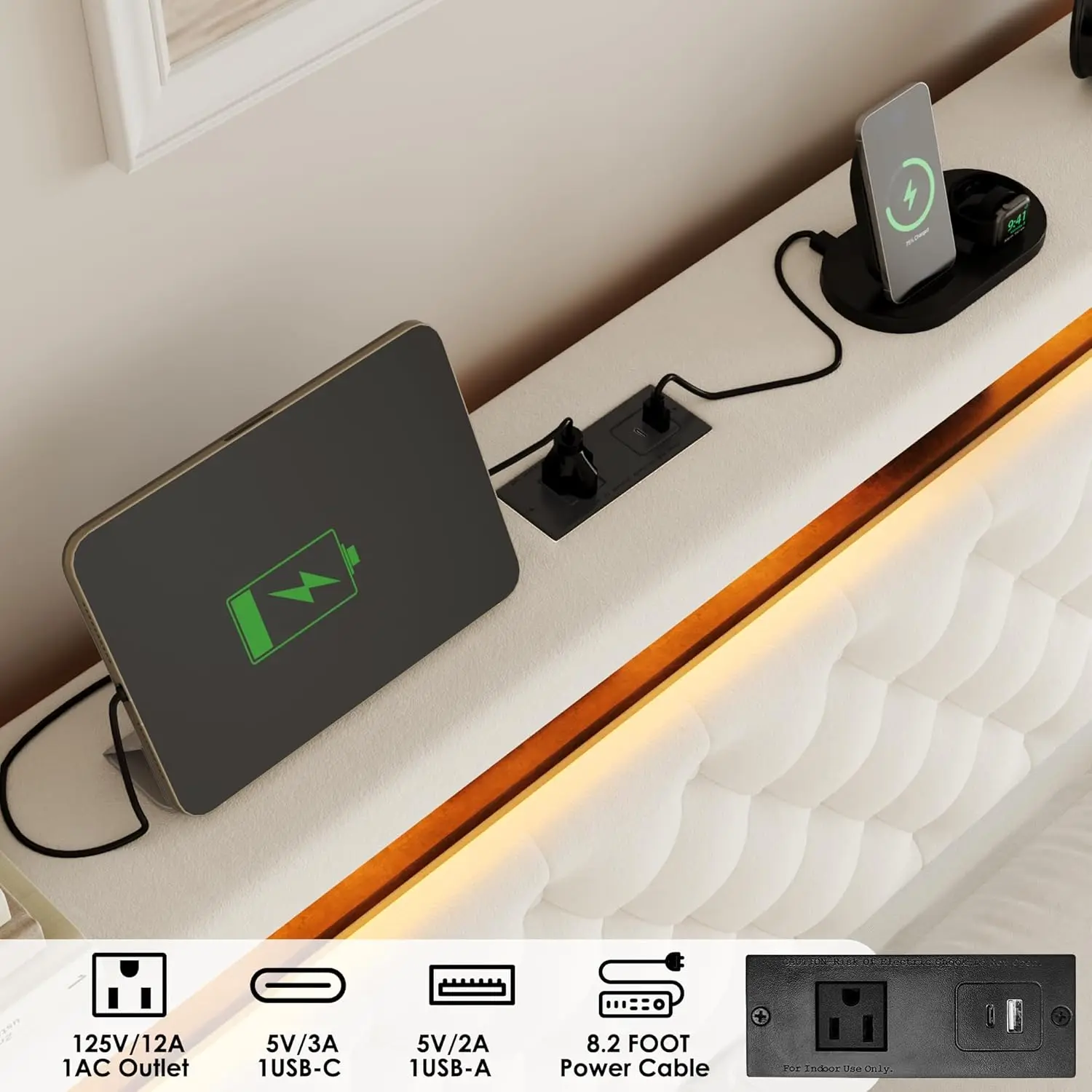 Queen LED Storage Bed Frame USB Charging Velvet Upholstered 2 Drawers Tufted Headboard No Box Spring, Customized image 5