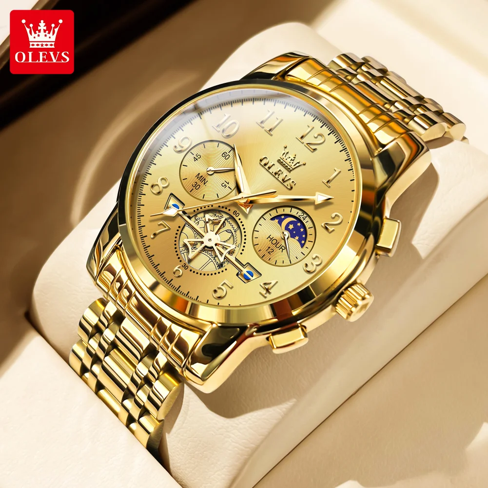 

OLEVS 2900 Skeleton Flywheel Mens Watch Business Chronograph Luminous Moon Phase Quartz Wristwatch for Man Luxury