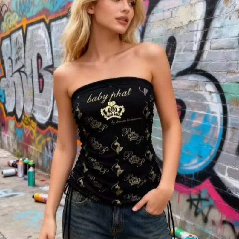 American Y2K Hot Girl Style Classic Black Bottoming Gilded Strapless Vest Crown Print Drawstring Waist Cinching Women's Tank Top