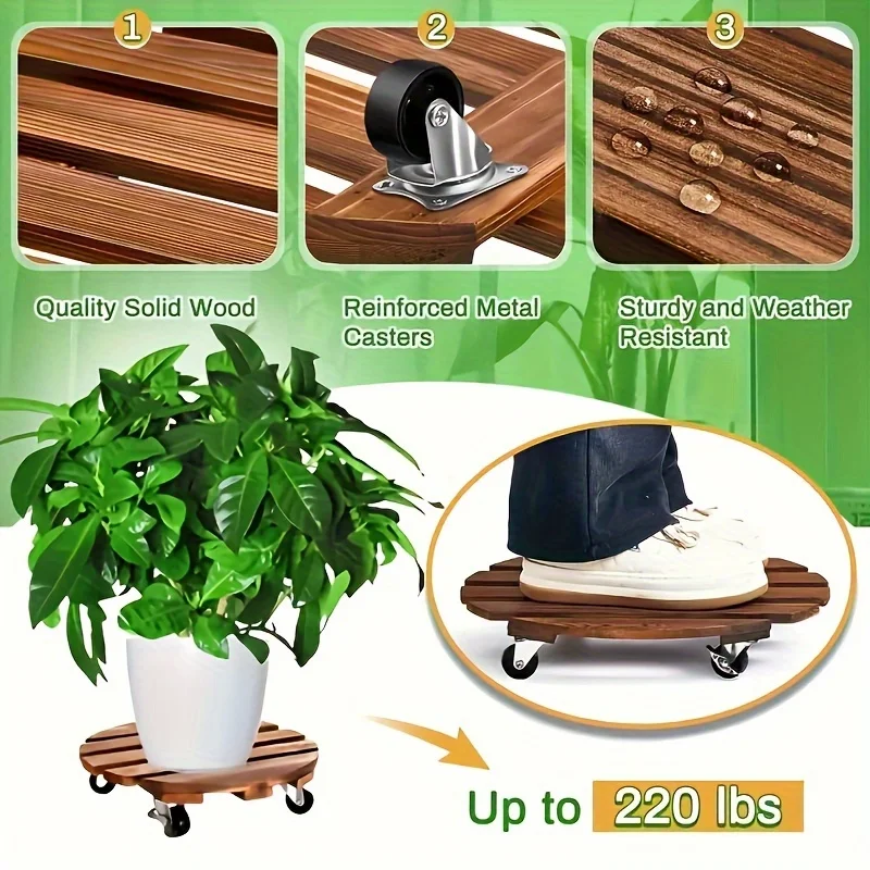 Movable Flower Pot Stand with Smooth Wheels Round Plant  Stand Sturdy Wooden Base for Large Planters Patio Use