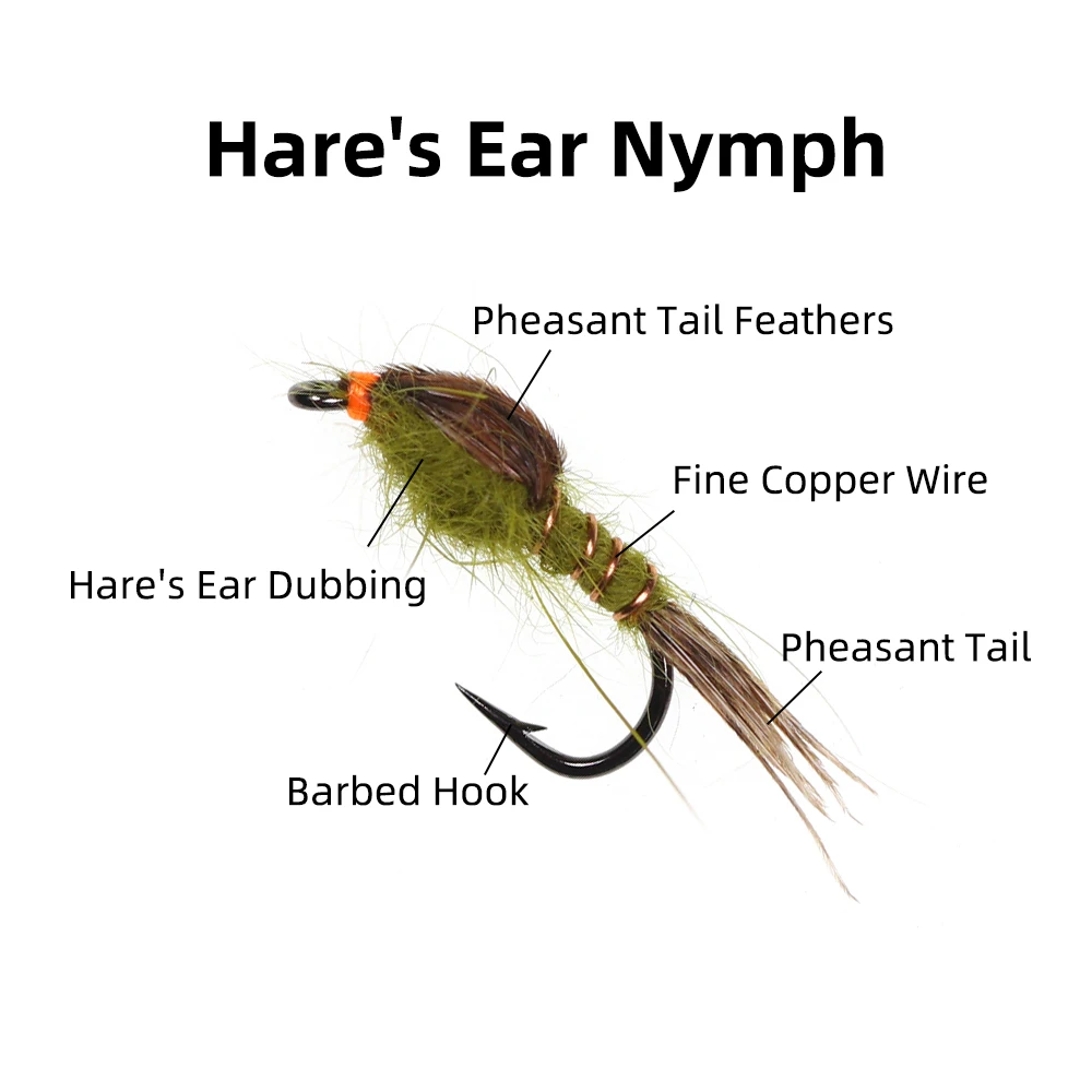 Wifreo 6PCS 14# Fly Fishing Grey Olive Hare's Ear Nymph Pheasant Tail Artificial Insect Bait Trout Salmon Grayling Fishing Lure