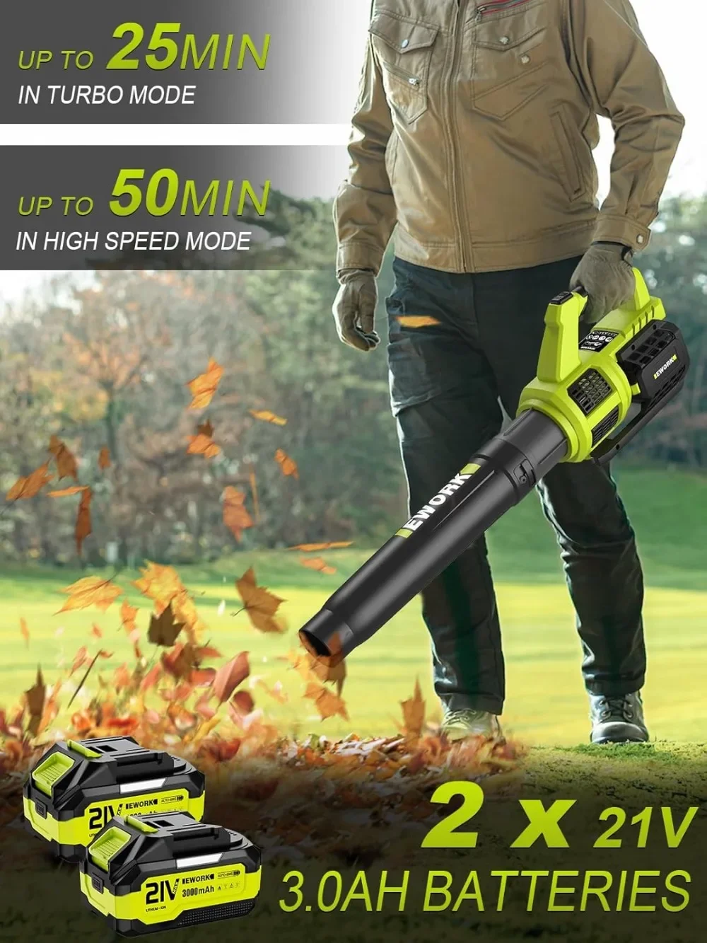 Cordless Leaf Blower with (2) 3.0Ah Battery and Fast Charger - 400CFM 21V Variable Speed and Turbo Mode for Lawn Care, Yard