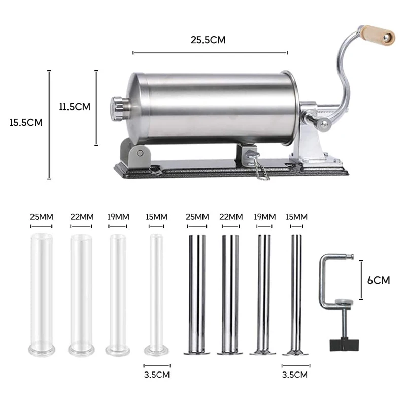 

6LBS /3.5L Stainless Steel DIY Homemade Horizontal Manual Sausage Maker Meat Filling Kitchen Machine with 8 Funnel Tubes