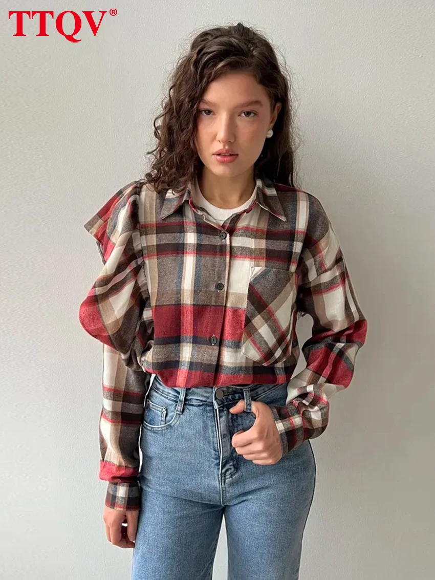 

TTQV Casual Loose Plaid Women's Shirt 2025 Fashion Lapel Long Sleeve Blouse Elegant Classic Ruffle Blusa Top Female Clothing