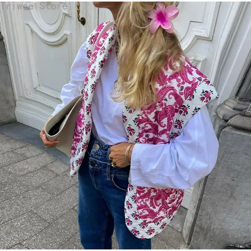 Print Pink Flower Cotton Vest for Women Elegant Sleeveless Warm Cardigan Waistcoat 2024 Autumn Lady Vintage High Streetwear