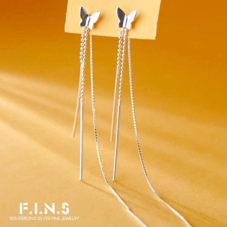F.I.N.S S925 Silver Needle Butterfly Line Earring for Women Tassel Drop Ear Piercing Long Chain Beads Piercing Ear Fine Jewelry
