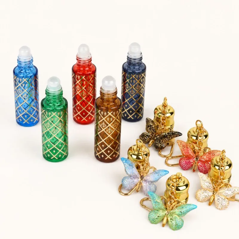2026 New 10/30pcs 8ml Empty Glass Roll-on Bottle Empty Perfume /Attar Oil /Essential Oil Bottle With A Butterfly Keychain Gift