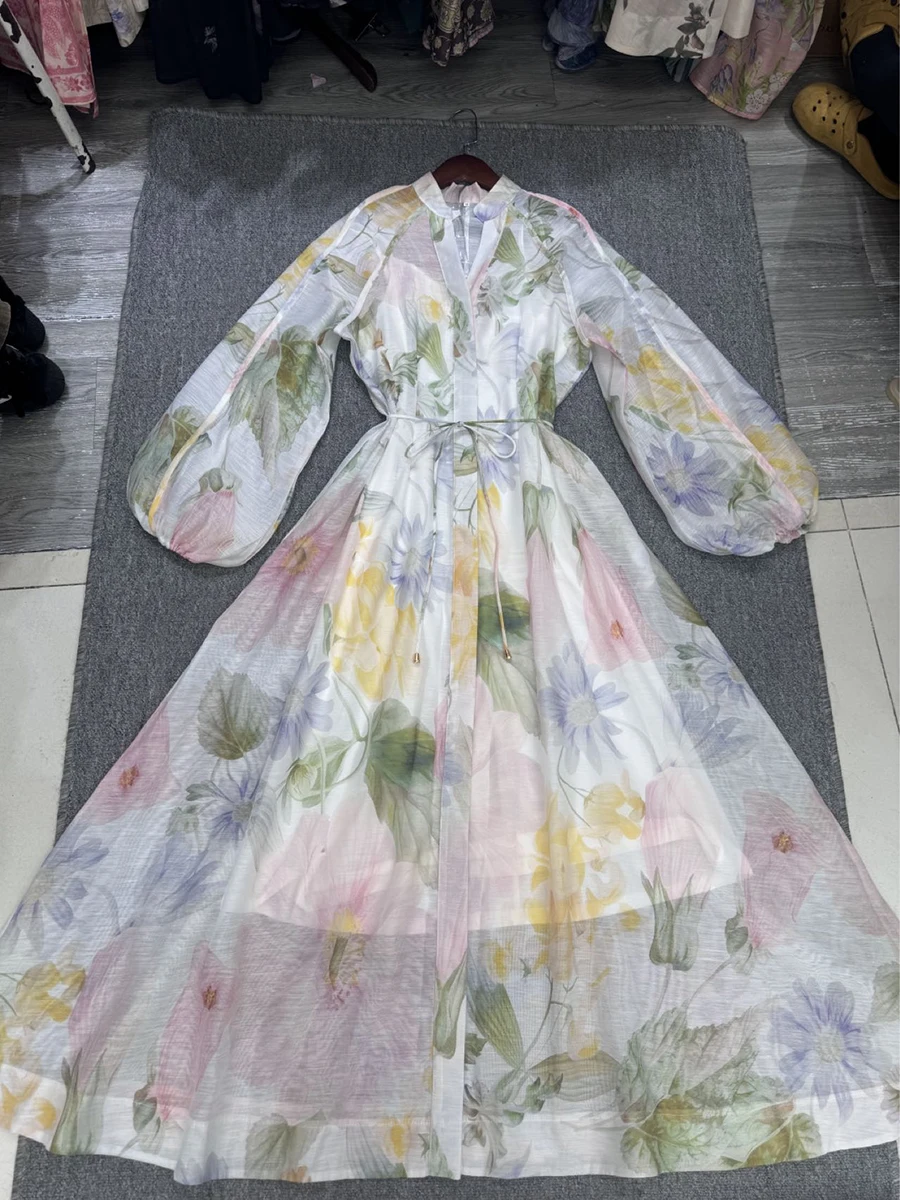 เดรสยาวสไตล์โบฮีเมียนสำหรับผู้หญิง คอวี แขนพอง แต่งผ้าลูกไม้พิมพ์ลาย ผ้าตาข่ายโปร่งแสง รุ่นใหม่สำหรับฤดูใบไม้ร่วง