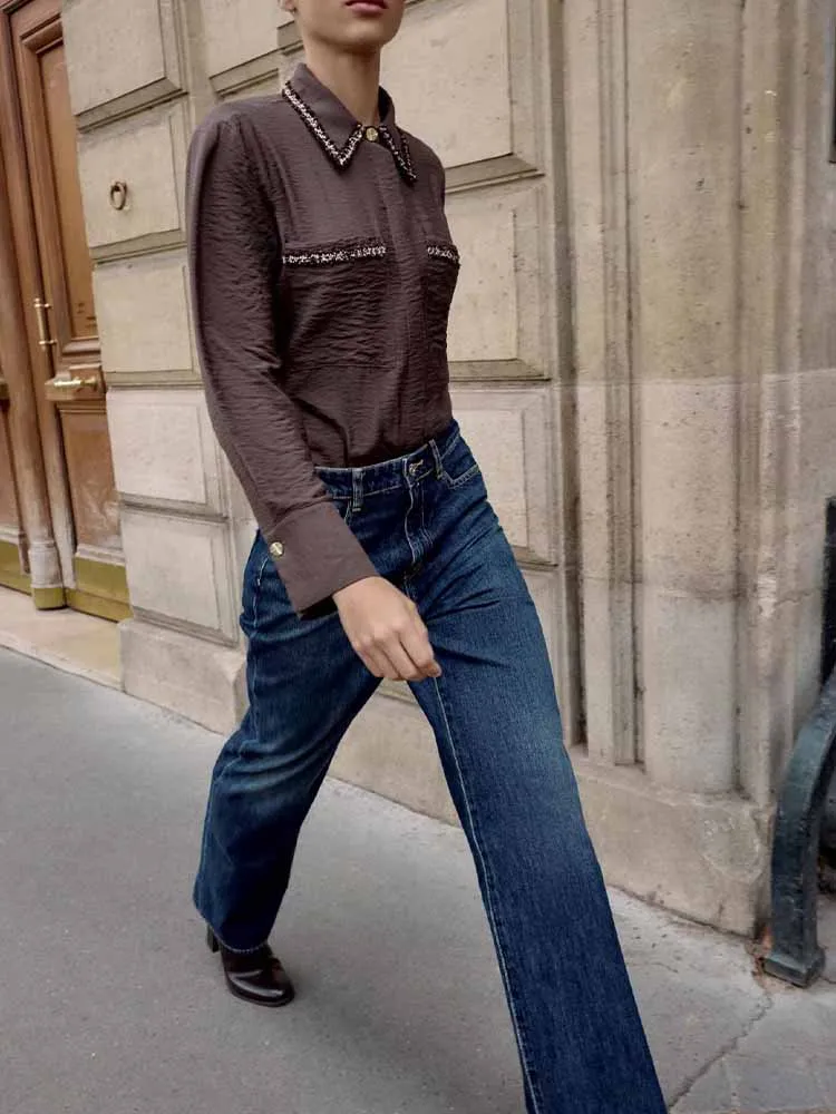 

European and American style winter new women's casual simple turn-down collar long sleeves with trim construction shirt