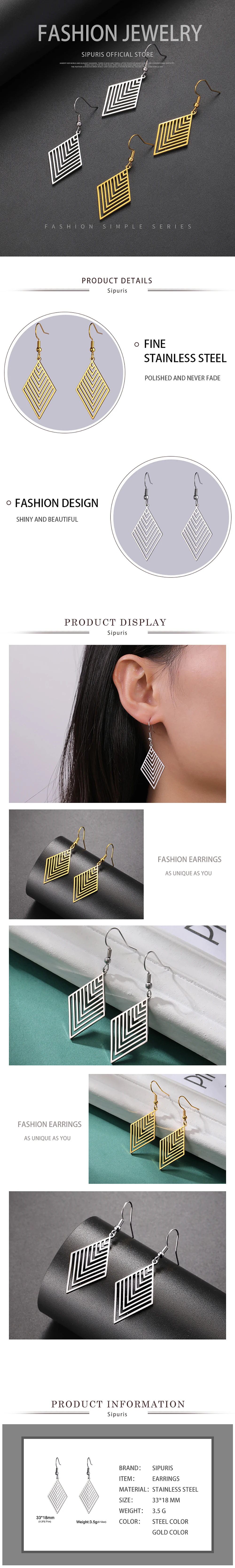 Sipuris Rhombus-Ohrringe für Damen, aus Edelstahl, goldfarben, modisches Filigran-Design, hohle Ohrringe, Schmuck, Geschenkidee für Hochzeiten. – Detail 5