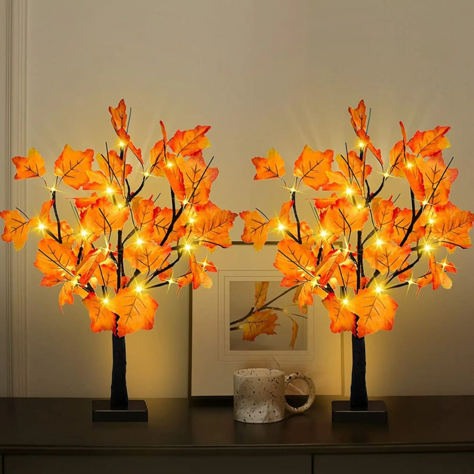 

US 2x 20-inch Fall Lighted Maple Tree, 48 LED Lights Thanksgiving Decor Table Tree