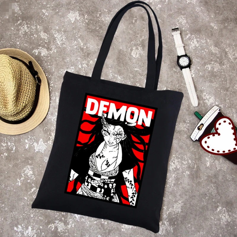 Tanjiro Nezuko Kimetsu No Yaiba Demon Slayer Cloth Canvas Tote Bag Black Shopping Travel Women Reusable Shoulder Shopper Bags