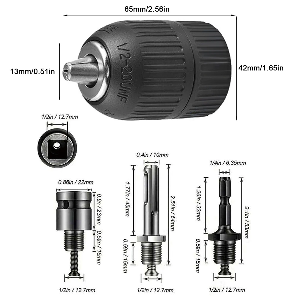 10mm/13mm Keyless Drill Chuck, 1/2in 3/8in Hex Shank/SDS-Plus/Square Quick Grip Adapter, Chuck for Drill Bit Screwdriver&Sockets