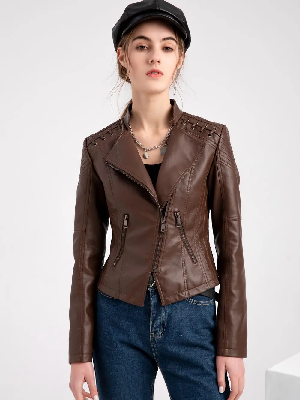 VOLALO Autumn Winter Pu Faux Women Leather Jackets Zipper Slim Motorcycle Biker Leather Coat Loose Female Outwear Tops