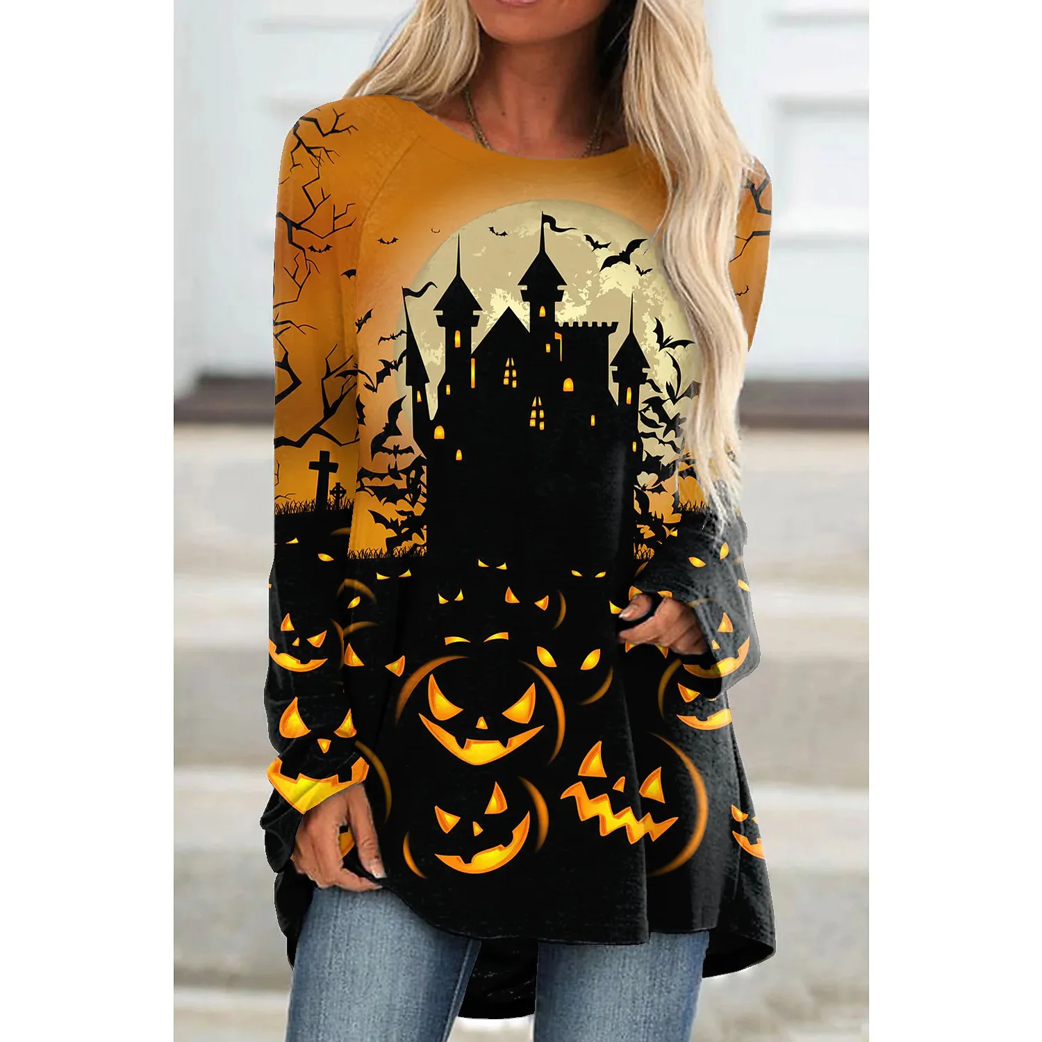 

Autumn and winter women's new casual fashion Halloween printed women's long sleeved T-shirt dress