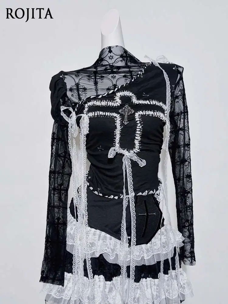 Original Design Fake Two-Piece Top Long Sleeve Tee Women 2026 Spring New European Style Stand Collar Ruffled Lace Blouse