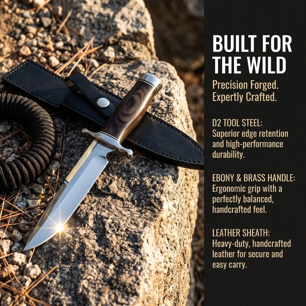 Collectible Fixed Blade Knife Stabilized Wood Handle Outdoor Hunting Knife with Leather Sheath Cutting Tool
