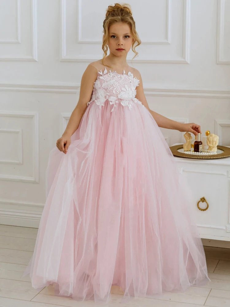 Light Pink Flower Girl Dress Tulle White Appliques With Bow Sleeveless For Wedding Party Birthday First Communion Gowns