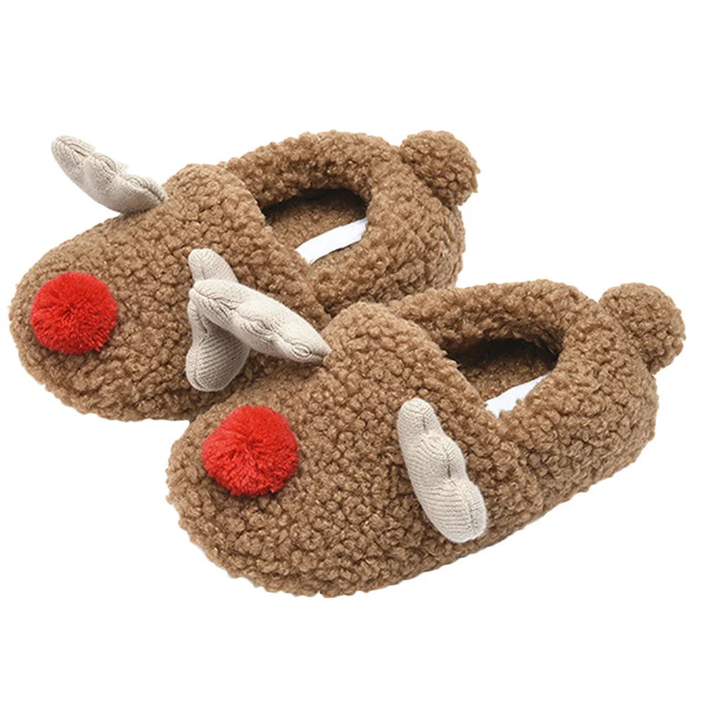 

1 Pair Christmas Elk Slippers For Kids Women Warm Indoor Slipper Anti-Skid Sole Home Bedroom Winter Xmas Gift Shoes