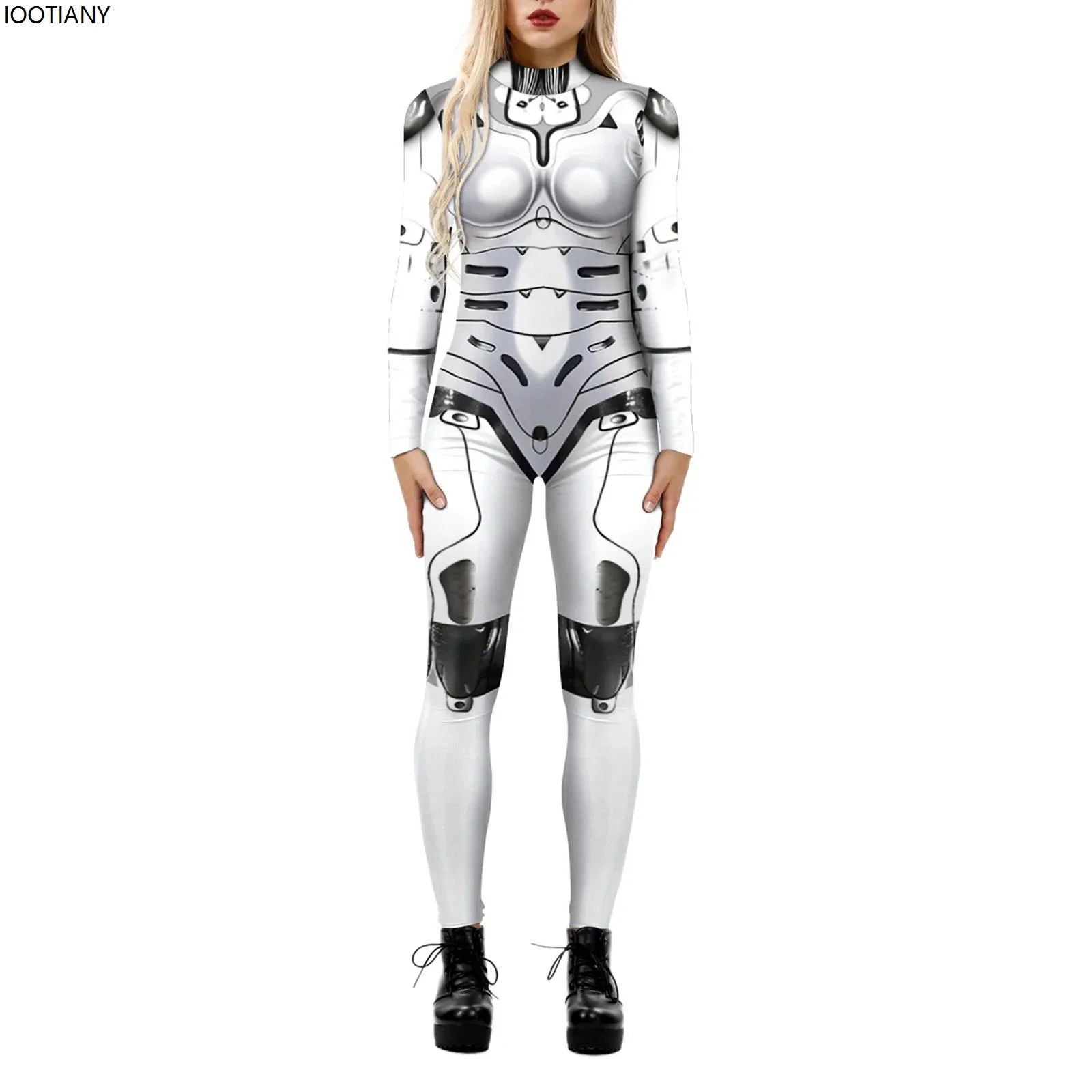 IOOTIANY Women's Turtleneck Simulation 3D Printing Robot Zip Bodysuit Full Body Bodysuit Halloween Costume Romper Long Sleeve