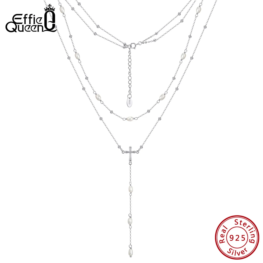 

Effie Queen 925 Sterling Silver Y Lariat Necklace Freshwater Pearls Laryerd Multilayer Long Chain Drop Necklace Jewelry GPN105