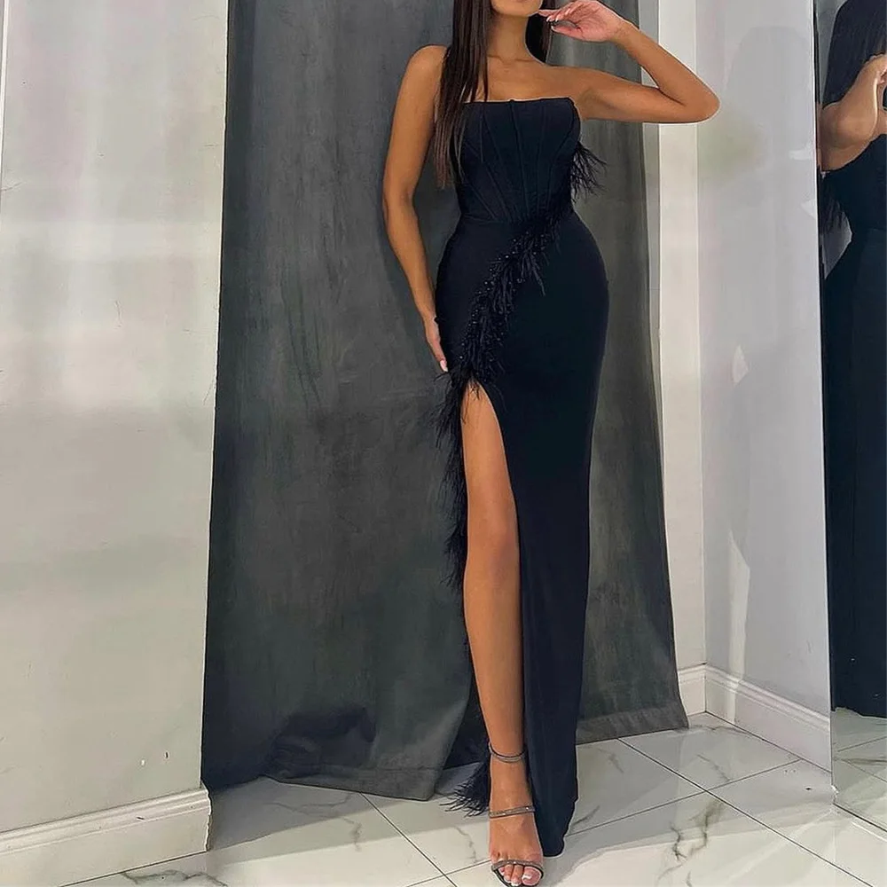 

Black Evening Dresses Straight Sexy Strapless Sleeveless High Slit Backless Prom Gown for Women فساتين مناسبة رسمية