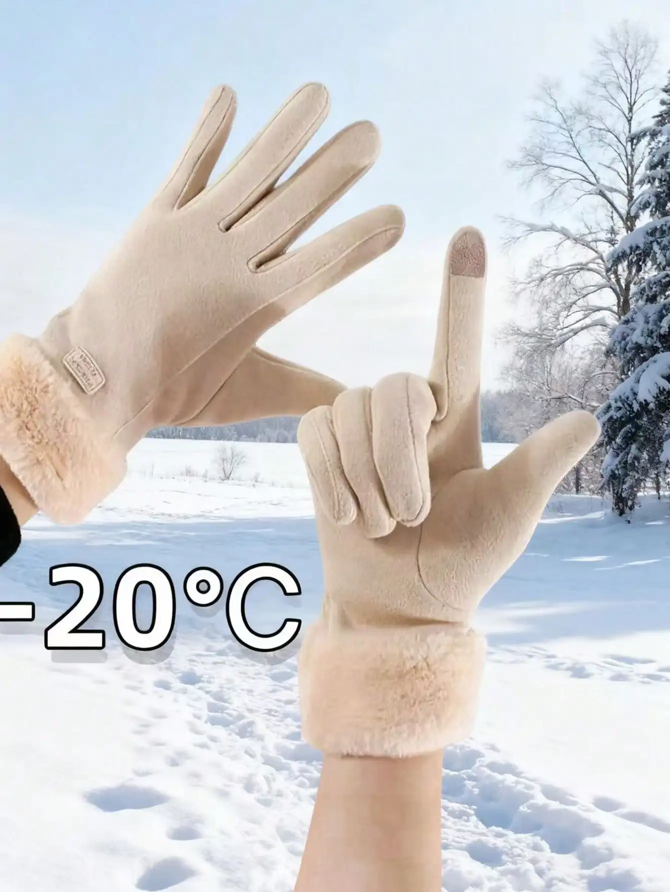 

1 пара женских зимних перчаток бежевого цвета с сенсорным экраном — ветрозащитные меховые манжеты с теплой подкладкой, для мотоциклов, бега и улицы