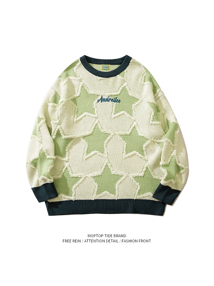 

American Retro Knitted Sweater with Star Embroidery Color Blo Fce Lined Men's Design Couple's Love Heart Sweater