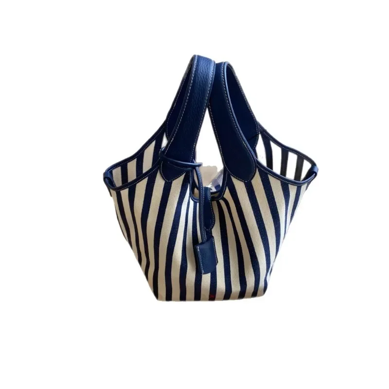 Striped canvas tote bag commuter shoulder bag portable vegetable basket women's bag