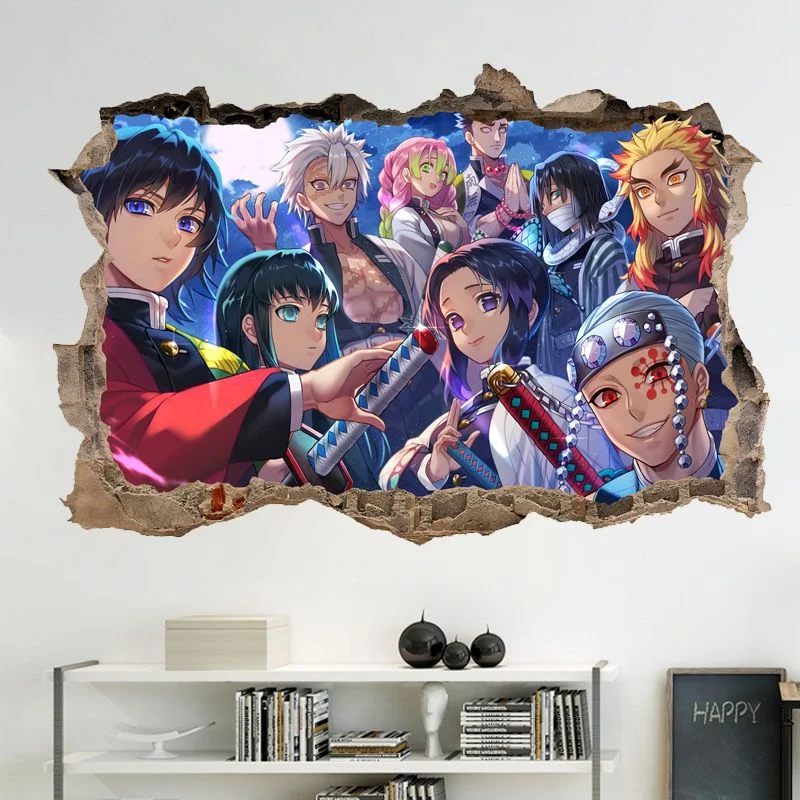 Demon Slayer Anime Tanjirou Adesivi effetto parete incrinati Decorazioni creative per carta da parati Shinobu Adesivi per poster dei cartoni animati Regali