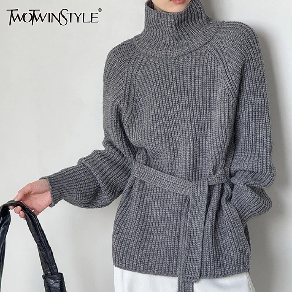 

TWOTWINSTYLE Solid Spliced Lace Up Sweater Female Turtleneck Long Sleeve Loose Korean Temperament Women's Sweaters Fashion New