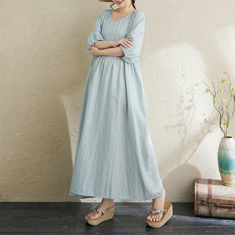 

Платье женское свободного кроя с двойным слоем и рукавами-фонариками, круглый вырез, художественный стиль, светло-голубое, большие размеры, для ранней осени