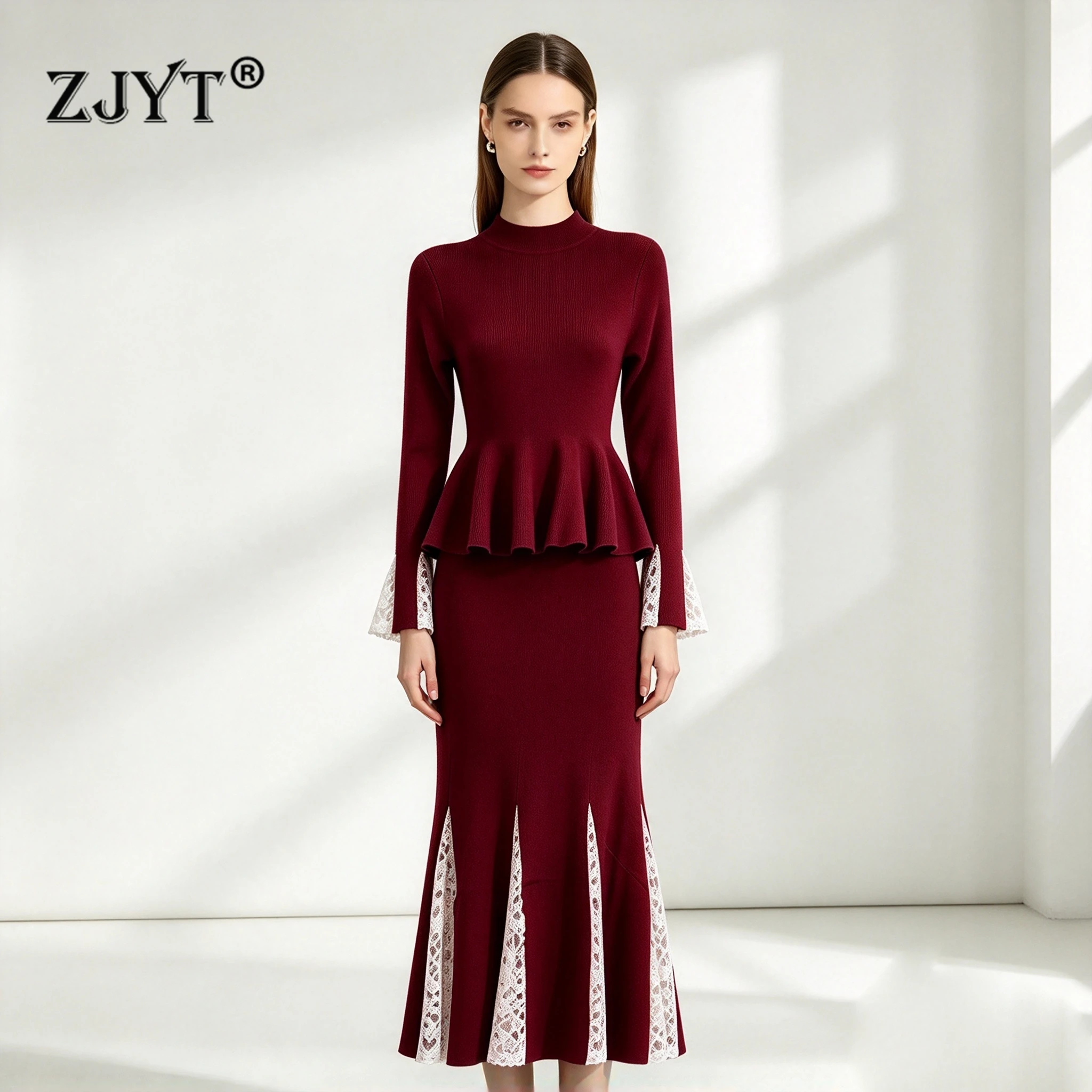 ZJYT Autumn New Elegant Pullovers Sweaters for Women Fashion 2026 Designer Flare Sleeve Basics Knitted Tops Midi Mermaid Skirt