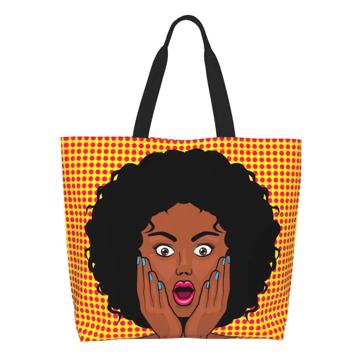 Sexy Surprised African Woman Pop Art Shopping Canvas Bag Women Recycling Big Capacity Groceries Pretty Lady Shopper Tote Bags