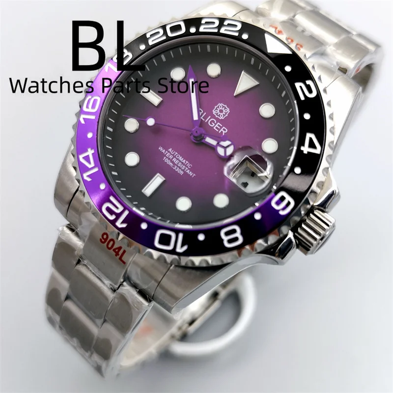 BLIGER 40mm NH35 Watch For Men Luminous Chapter Ring Black Purple Dial With Black Purple Bezel Sapphire Glass Date Waterproof