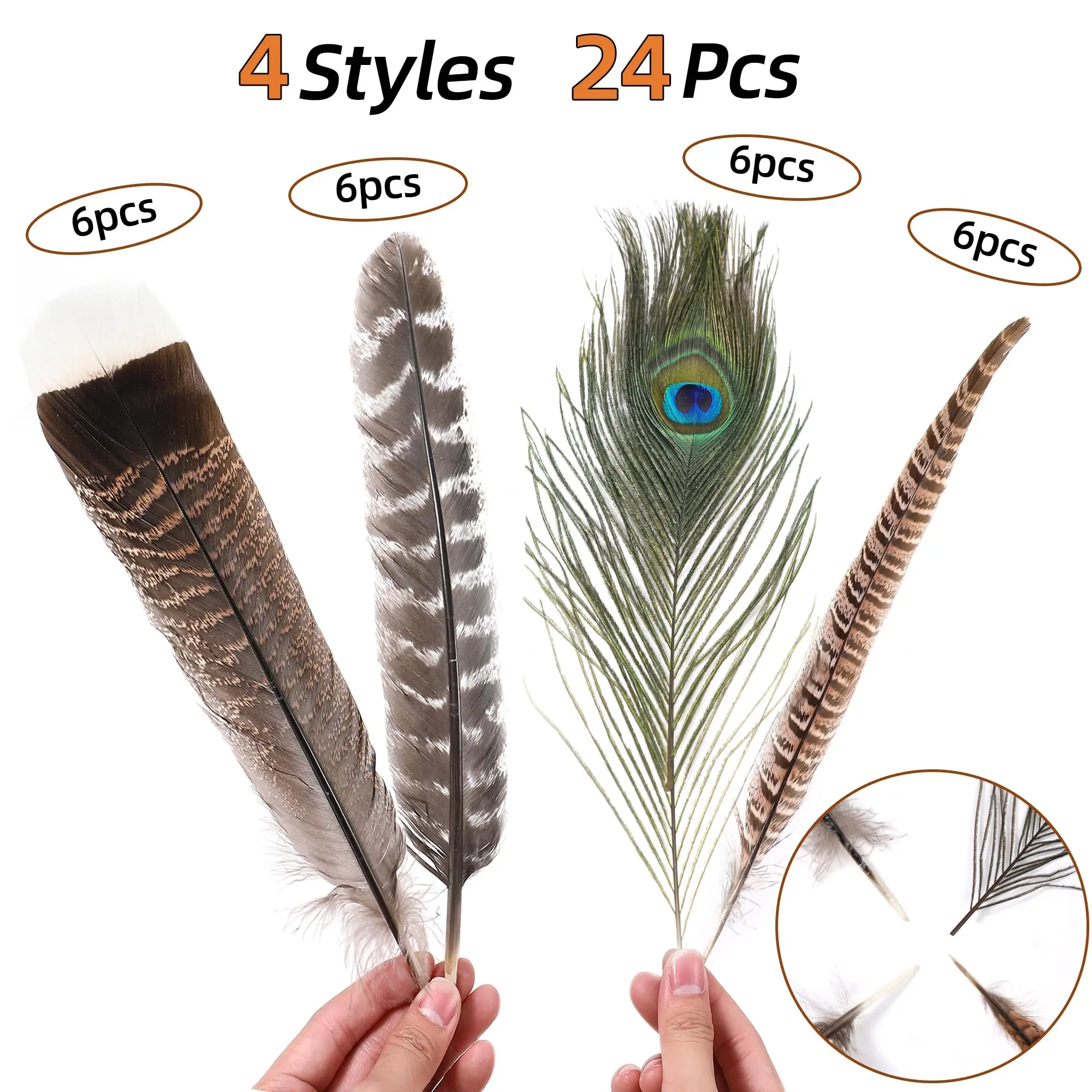 24 قطعة ريش حرفي طبيعي مختلط 4 أنماط ريش الدراج الكبير ريش الطاووس ريش تركيا لتزيين قبعة المزهرية