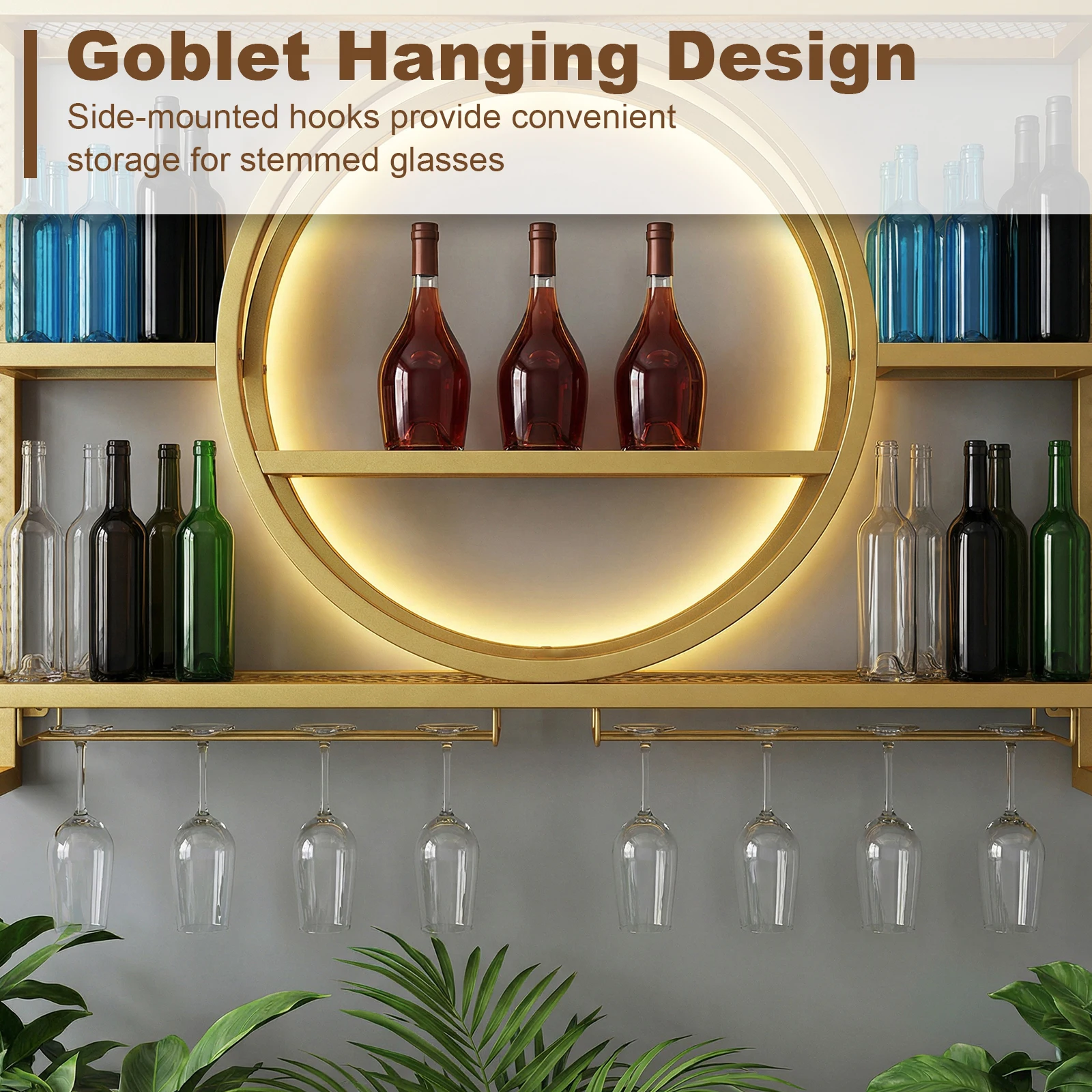 

Металлическая настенная подставка для винных бутылок и бокалов, 3-ярусная, со светодиодной подсветкой, для домашнего бара, столовой и кухни