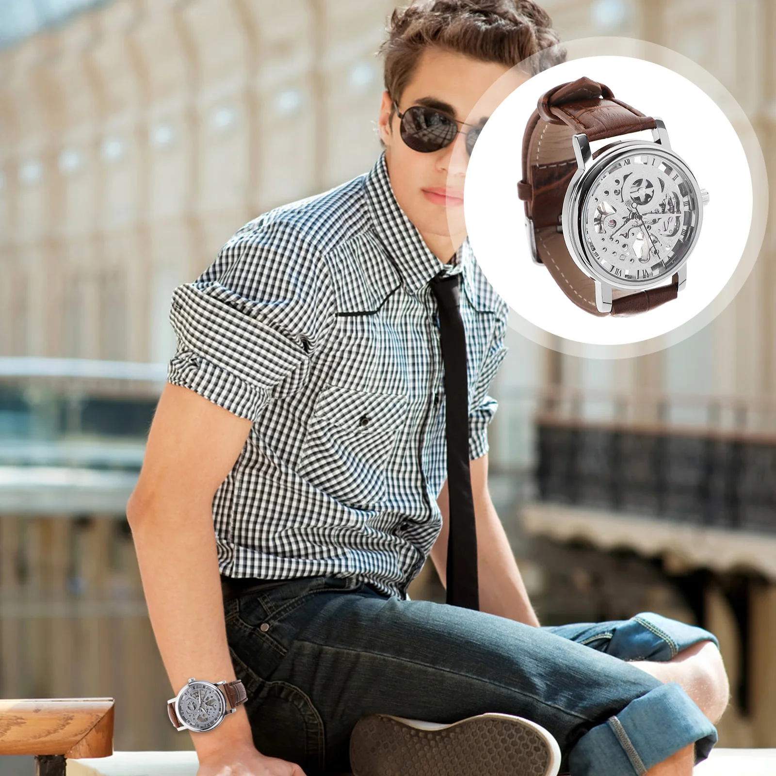 

Automatic Mechanical Watch White Brown Pu Band Stainless Steel For Men Boys Casual Wristwatch Mens Mechanical Timepiece