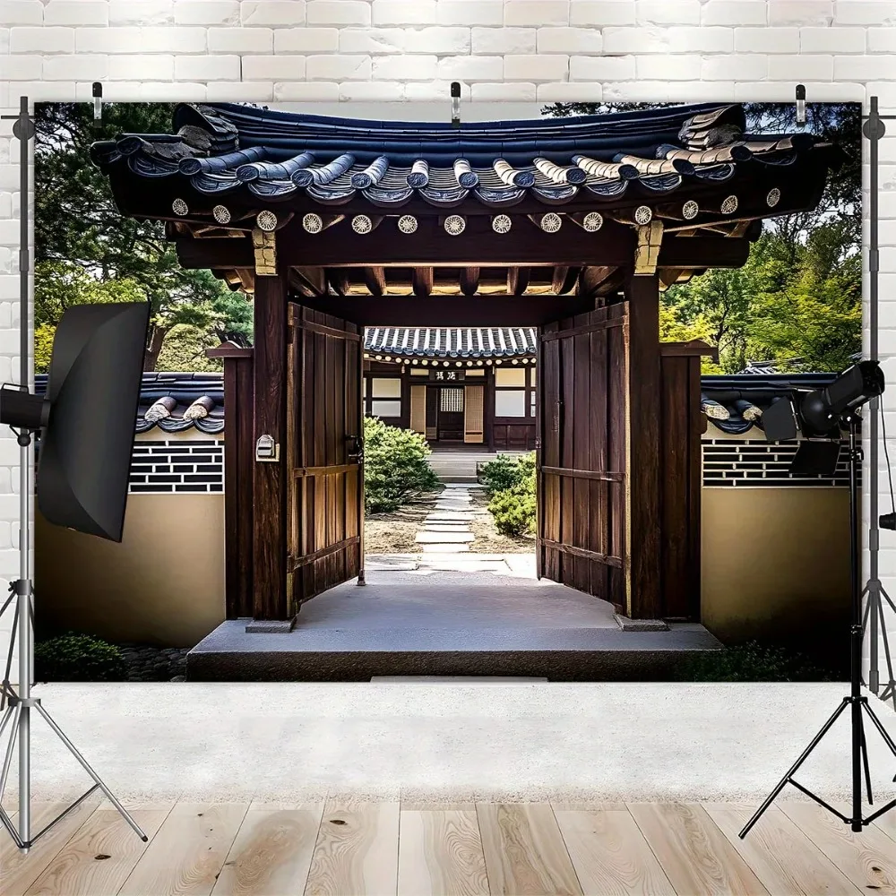 Traditional Korean Garden Courtyard Architectural Style Banner Backdrop, Confucian Village Tile Roof Scene Photography Backdrop